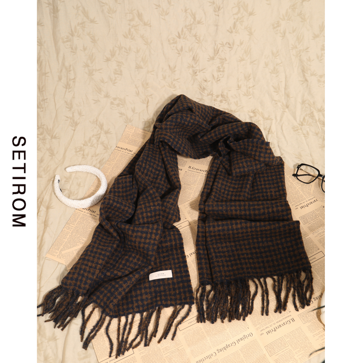 西町村屋韩系千鸟格复古百搭围巾
