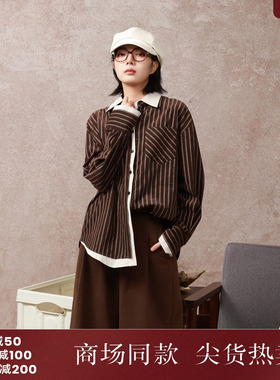 西町村屋假两件拼接条纹衬衣秋冬新款复古休闲长袖衬衫XX9D10026