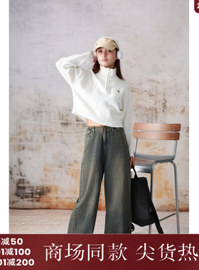 西町村屋休闲抽褶毛边阔腿裤女装秋冬新款复古百搭裤子XA9C10176