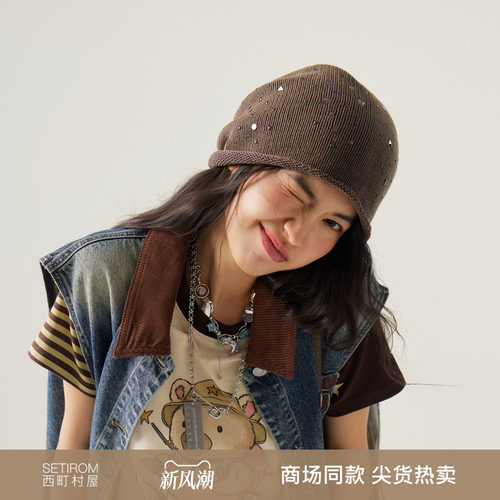 西町村屋潮酷冷帽女款美式做旧铆钉设计帽子XABC60016