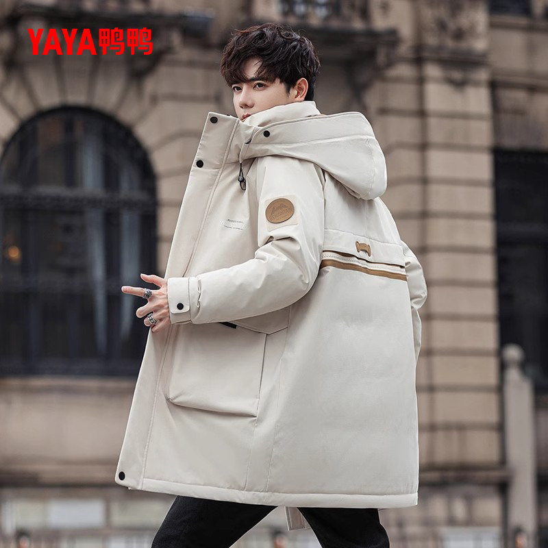 鸭鸭立领外套中长款工装羽绒服男