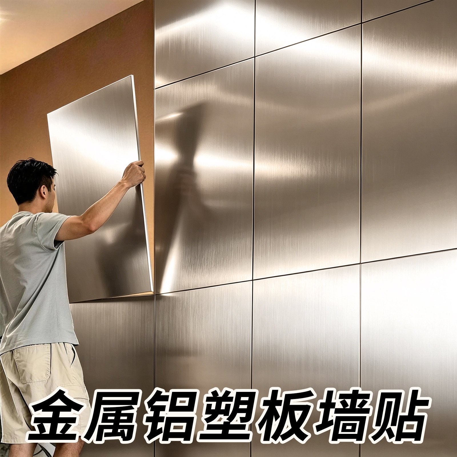 金属膜铝塑板自粘墙贴室内背景墙装修护墙板拉丝不锈钢无缝金属板