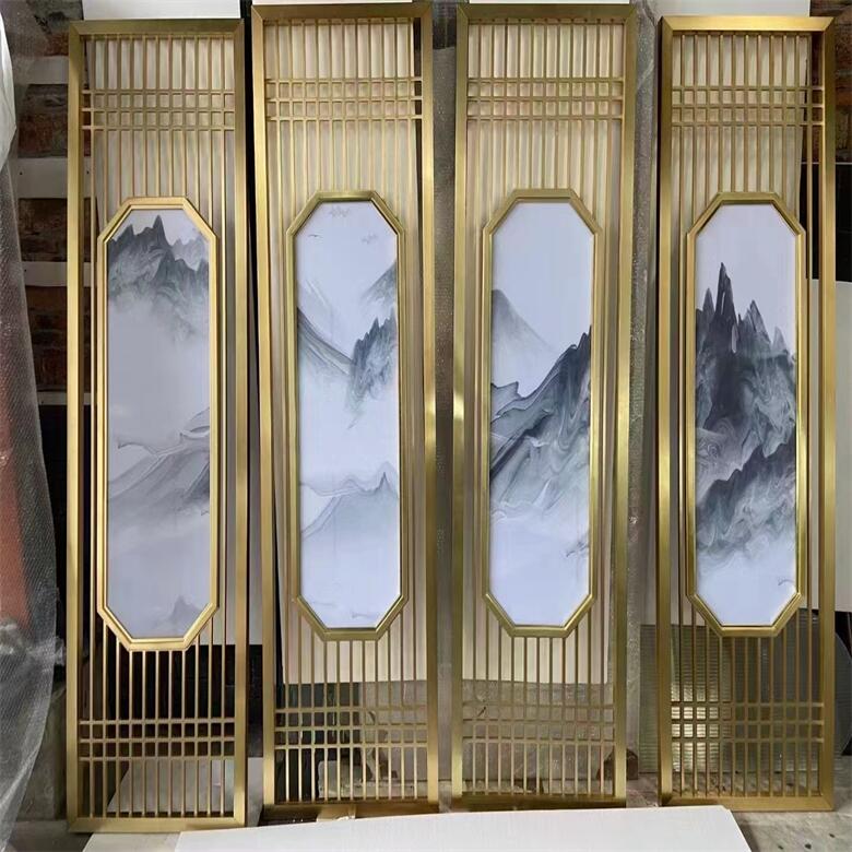 高端定制金属隔断玻璃屏风装饰品镂空客厅酒店钛金轻奢夹画玫瑰金图片