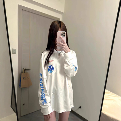 美式高街十字架梵文印花长袖t恤女秋季新款潮牌圆领宽松情侣上衣