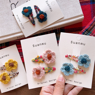 毛线鸡蛋花发夹新款韩系儿童秋冬女童刺绣花边布艺亲子款花对夹