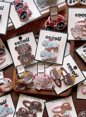 动物脑袋发夹发圈新款韩系秋冬手工钩织毛线女童布艺BB夹波点鸭夹