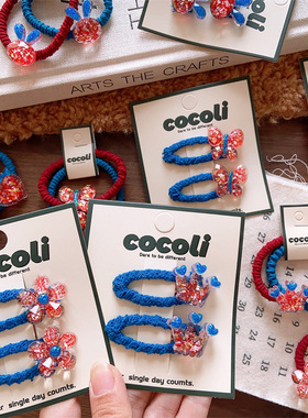 红蓝闪粉皇冠发夹新款韩系儿童秋冬女童亲子款马尾头绳对装大号绳