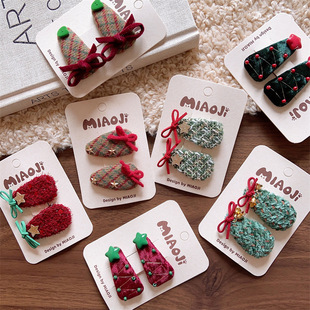 圣诞色系BB夹新款 几何形手打结夹 韩系儿童秋冬酒红绿色女童亲子款