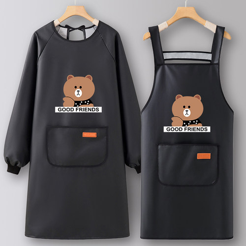 PU皮围裙防油防水厨房家用2025新款罩衣女长袖围兜做饭定制工作服