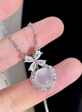 花朵冰透白玉髓项链女轻奢小众设计感百搭蝴蝶结锁骨链饰品