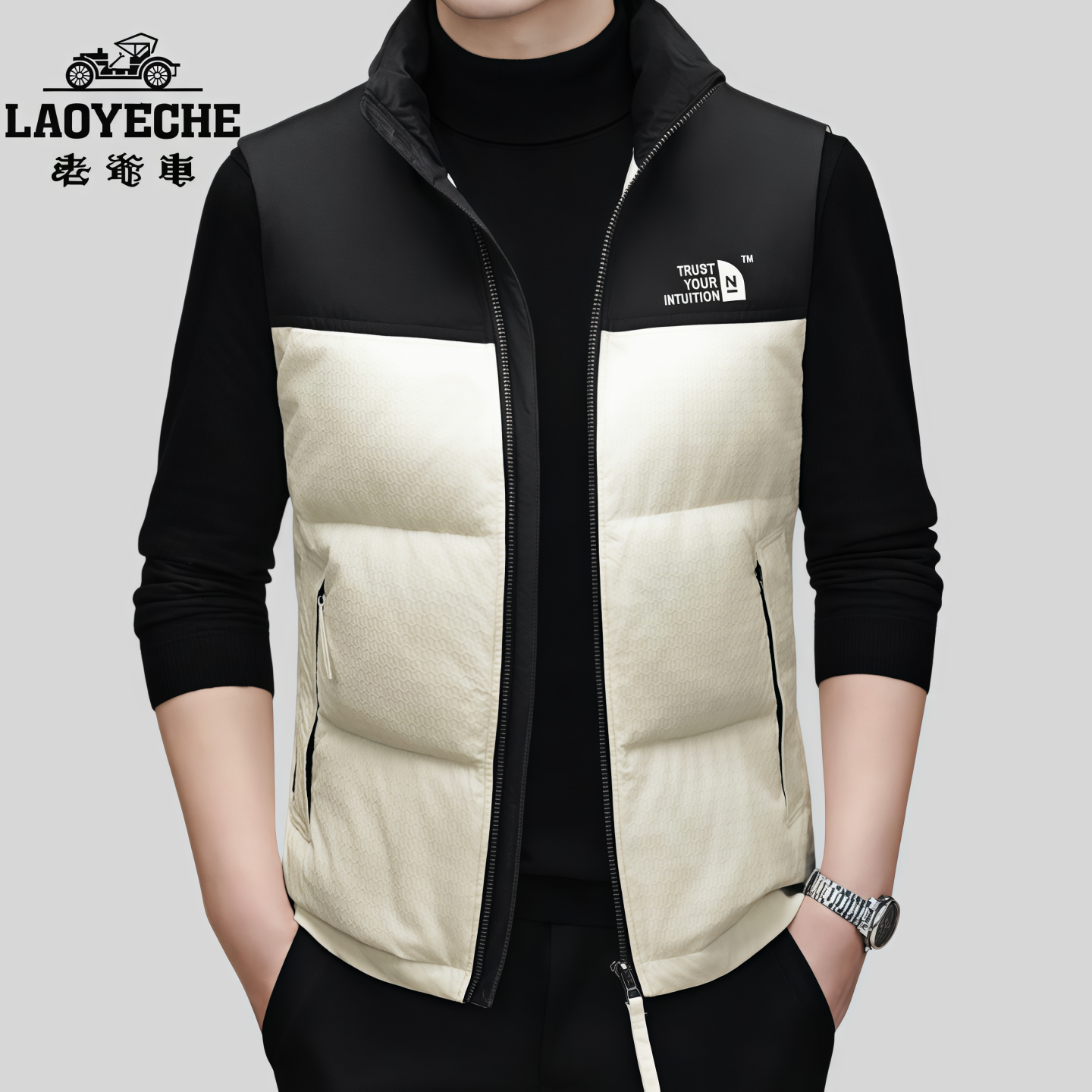 老爺車立领坎肩男羽绒马甲2025秋冬新款中青年潮流拼色休闲保暖