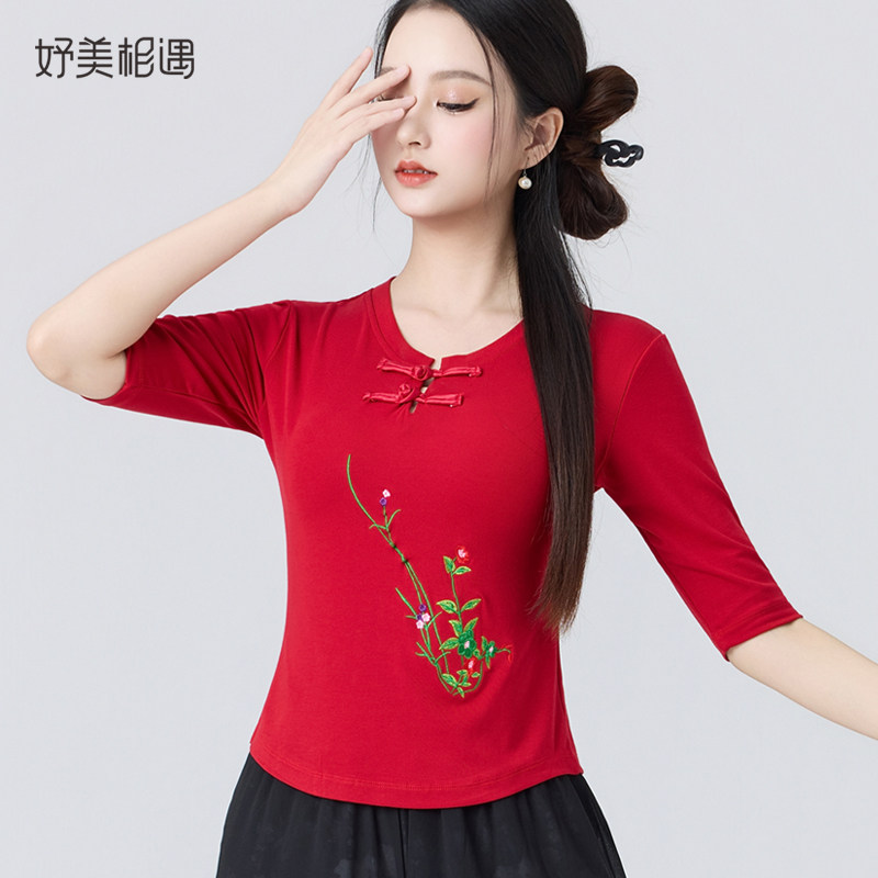广场舞中国风古典跳舞衣盘扣绣花中袖上衣中老年大妈舞蹈演出服女