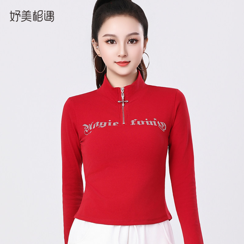 广场舞跳健身操运动春秋款红色长袖半拉链纯棉上衣妈妈时尚跳舞衣
