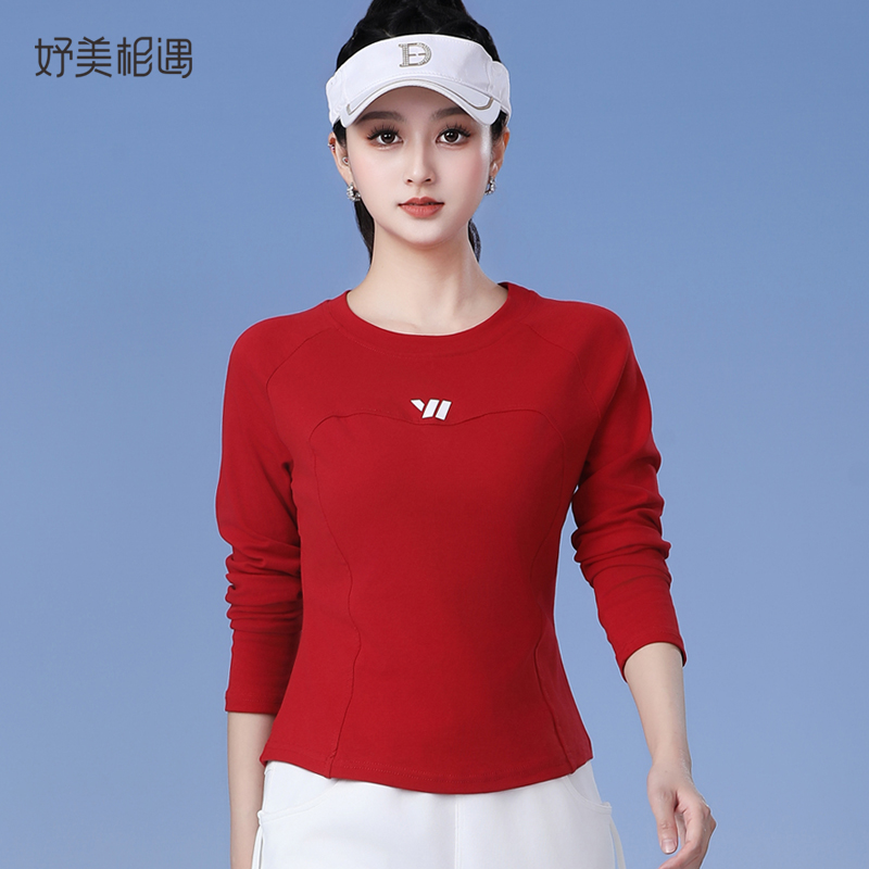 广场舞跳操健身运动服装枣红色长袖圆领上衣妈妈时尚修身跳舞衣服