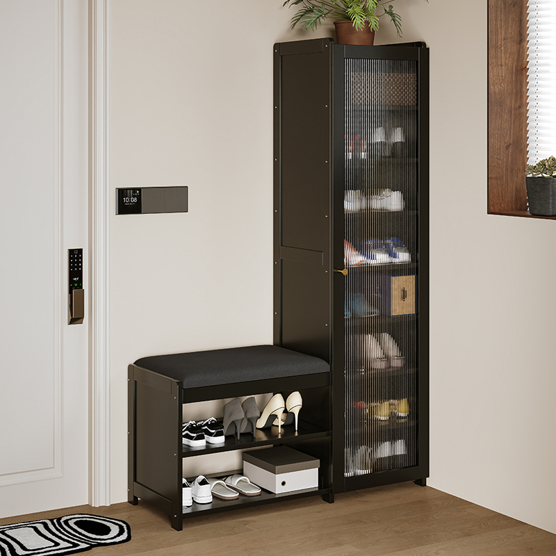 家用门口鞋柜带换鞋凳一体靠墙可坐式中古2025新款玄关一体坐凳子