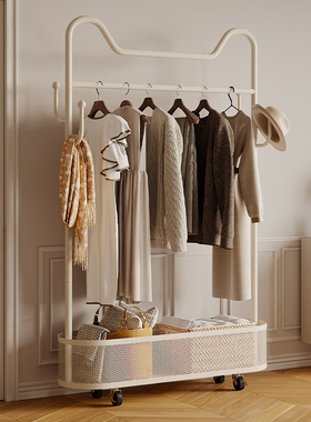 猫耳款白色落地晾衣架阳台立式卧室移动多功能带篮子收纳挂衣架子