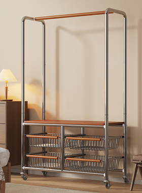 房间挂衣架可移动晾衣架落地卧室衣帽架子中古风室内收纳衣服置物