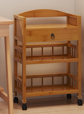 可移动书架办公客厅靠墙收纳置物架书柜带轮落地多层实木楠竹推车