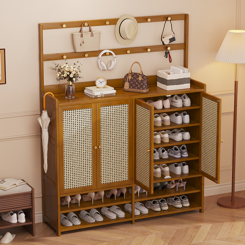 鞋柜家用门口中古风多层收纳柜组装藤编门厅多功能大容量储物柜子