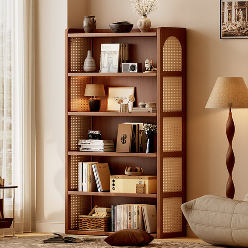 书桌简易置物架收纳书柜一体整墙客厅落地多层书本收纳架子中古风