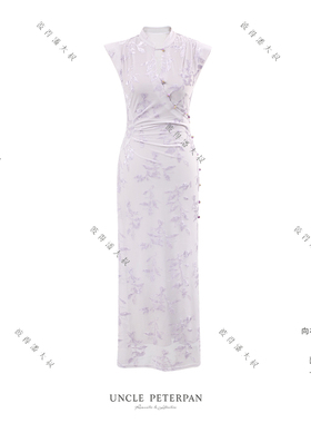 彼得潘大叔《忽晚-紫色》新中式植绒优雅东方女人旗袍裙连衣裙