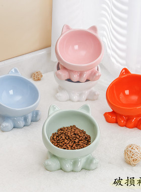 猫咪食盆黑色陶瓷猫碗斜口高脚可爱保护颈椎狗碗饮水猫盆防黑下巴