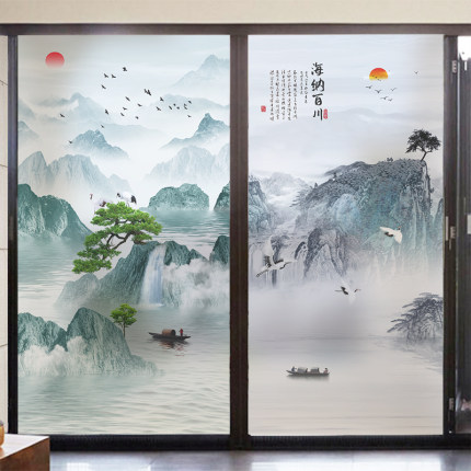 磨砂贴膜玻璃贴纸卫生间推拉移门窗户防窥防走光透光不透明山水画