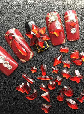 平底异形大红色美甲钻中国红指甲饰品钻网红爆款正红色指尖贴钻