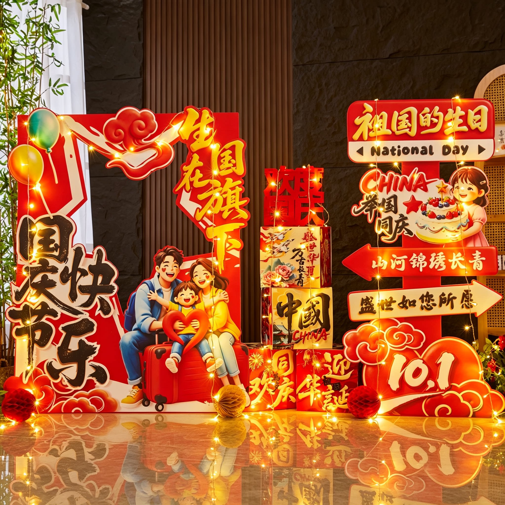 国庆节氛围布置幼儿园商场店铺活动装饰打卡引路牌kt板拍照框摆件