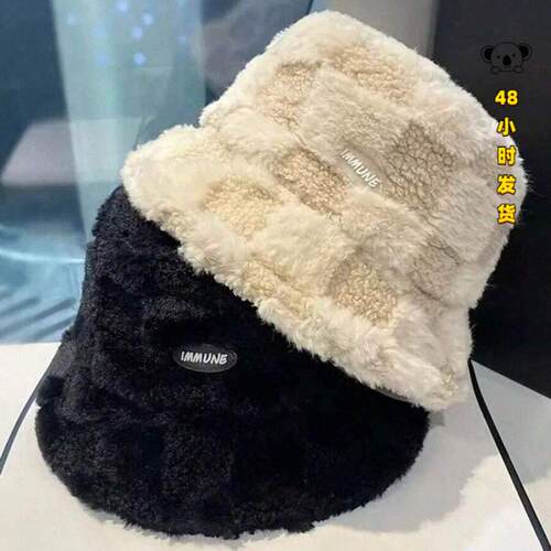 K 70257 Lamb wool plaid face slim hat 羊羔绒格纹显脸小帽