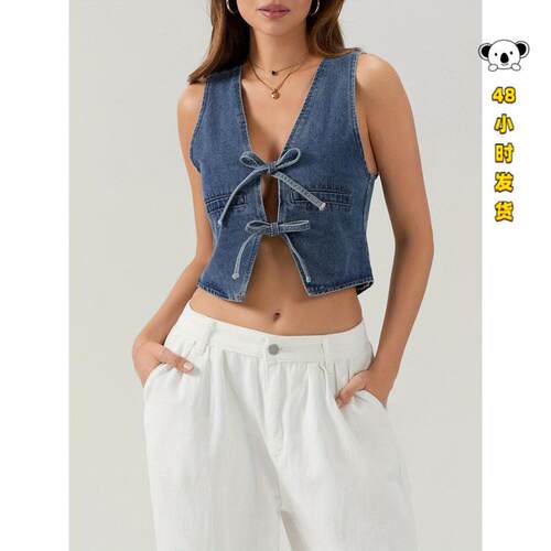 J 27221 Deep V Denim Vests 深 V 牛仔小马甲女
