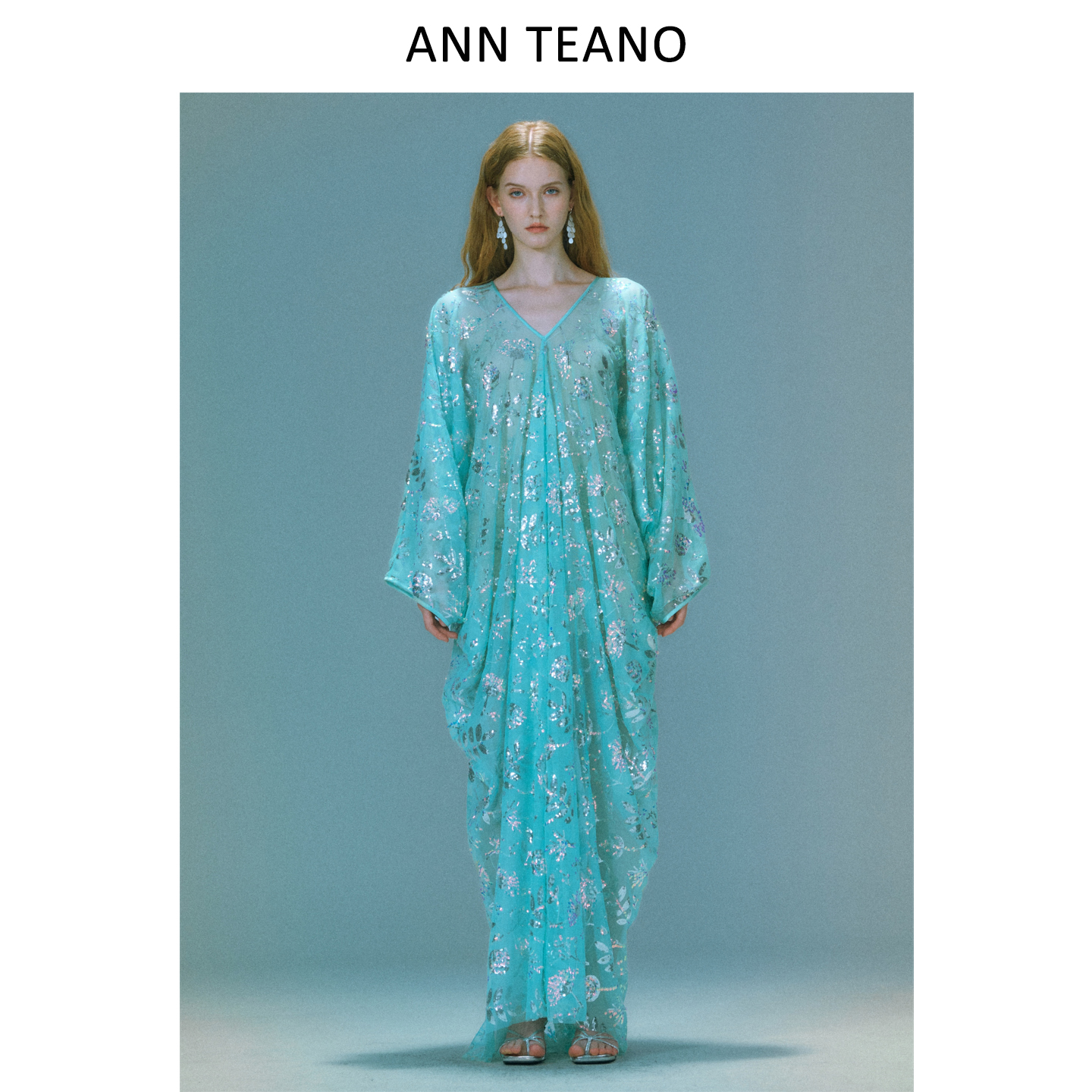 Ann teano薄荷绿花朵刺绣亮片新中式长袍连衣裙
