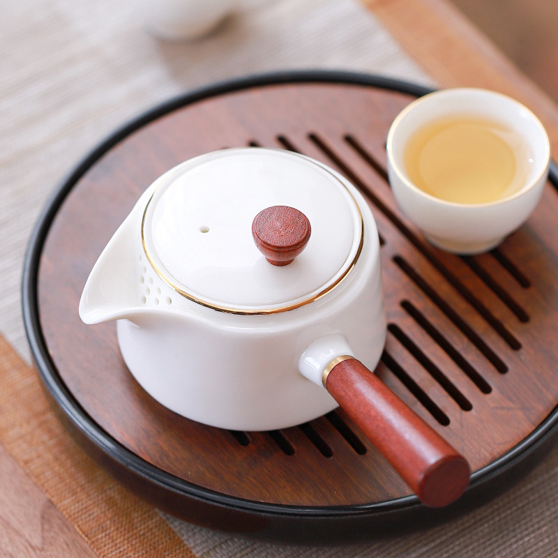 陶瓷白瓷木柄鹰嘴侧把壶功夫茶具泡茶家用茶壶煮茶壶中式纯色单壶