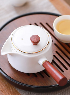 陶瓷白瓷木柄鹰嘴侧把壶功夫茶具泡茶家用茶壶煮茶壶中式纯色单壶
