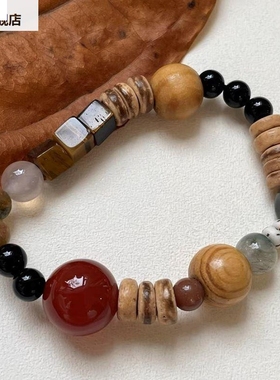 新中式红色秋冬复古串珠虎眼石手链女小众叠戴手饰设计感手串百搭