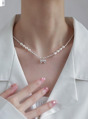 优雅蝴蝶结吊坠珍珠项链女几何不规则碎银925锁骨链时尚颈链百搭