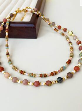 ins度假风复古多巴胺天然石叠戴项链女百搭小众时尚简约锁骨链