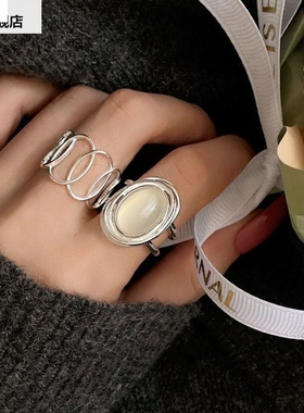 几何圆圈镂空戒指女时尚个性椭圆叠戴锆石925银开口指环食指百搭