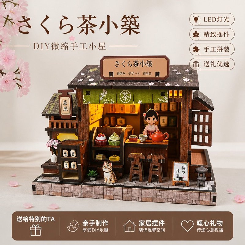 手工diy女生玩具樱花茶屋木质拼装diy小屋日式木屋拼图和风建筑模
