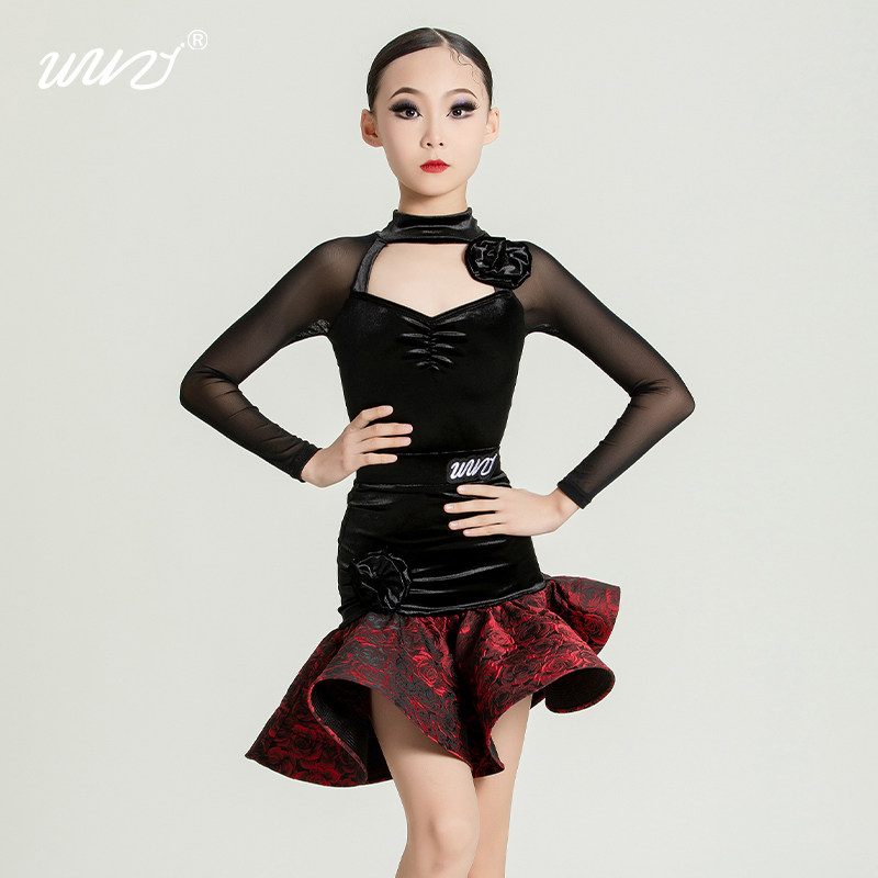 舞姿秋冬新款拉丁舞服女童专业表演练功服高级大裙摆鱼骨网红套装
