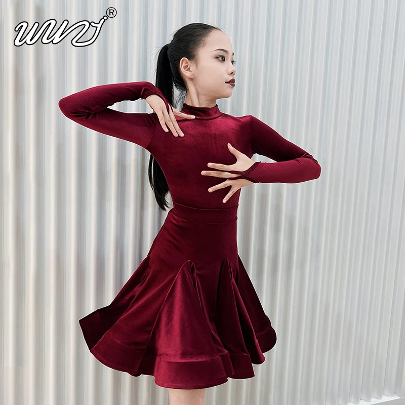 舞姿拉丁舞服女童进口丝绒春夏少儿规定服专业比赛大摆裙舞蹈服装