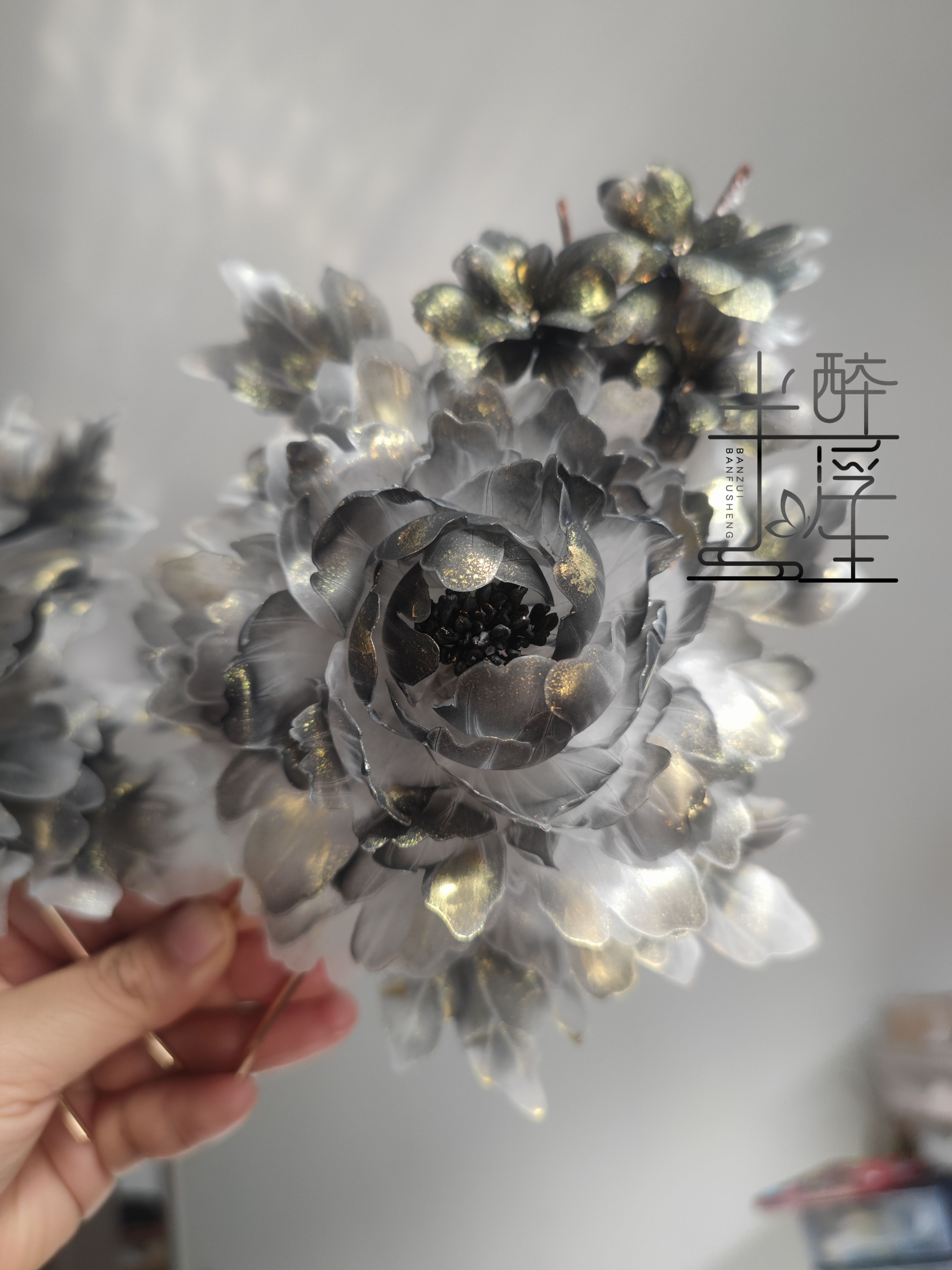 原创暗黑系黑金簪子热缩玫瑰发夹发饰热缩发簪汉服配饰