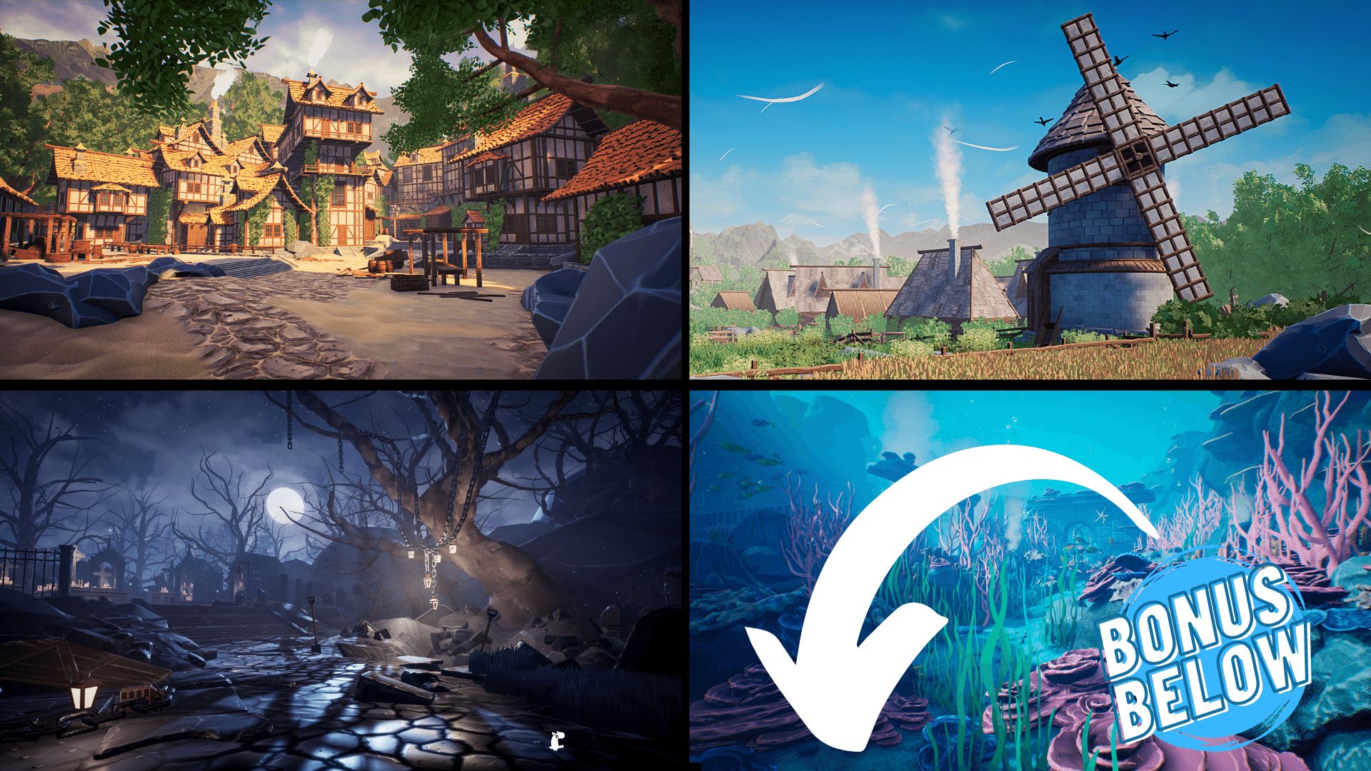 ue5 ultimate fantasy bundle 梦幻天空农场森林海底村庄场景5.