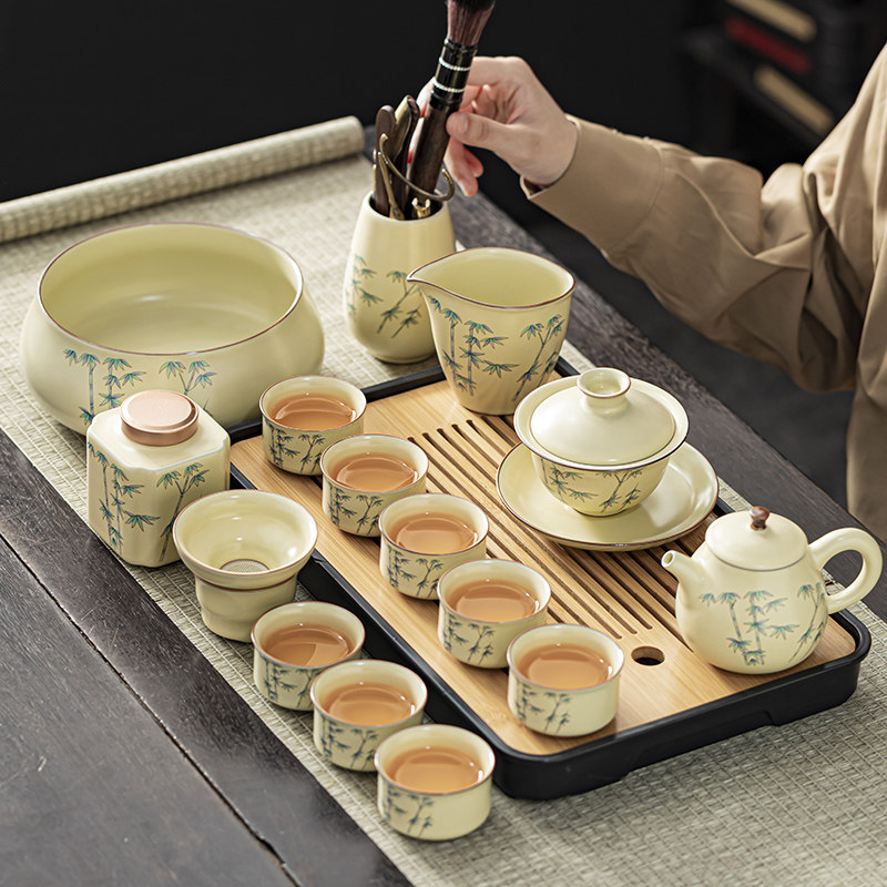米色汝窑功夫茶具家用高档有盖碗茶壶茶杯茶盘办公室泡茶器