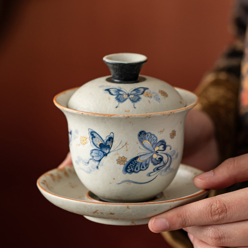 青花火石红三才盖碗家用陶瓷大容量中式敬茶碗泡茶功夫茶杯茶具