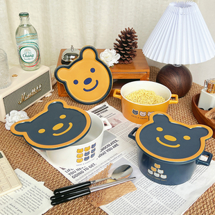 小熊系列陶瓷双耳汤碗家用可爱卡通泡面碗学生宿舍吃饭碗带盖汤盆