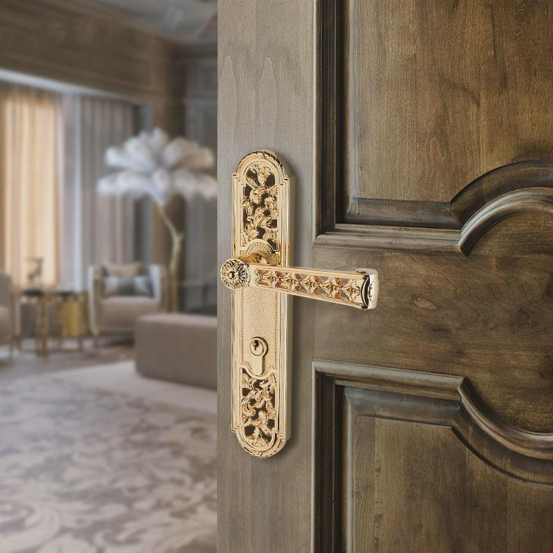 欧式复古金色雕花门把手室内门精铸金属大拉手豪华装饰把手