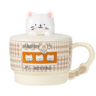 燕麦碗早餐碗带勺子盖家用马克杯大容量大号陶瓷酸奶可爱猫咪儿童