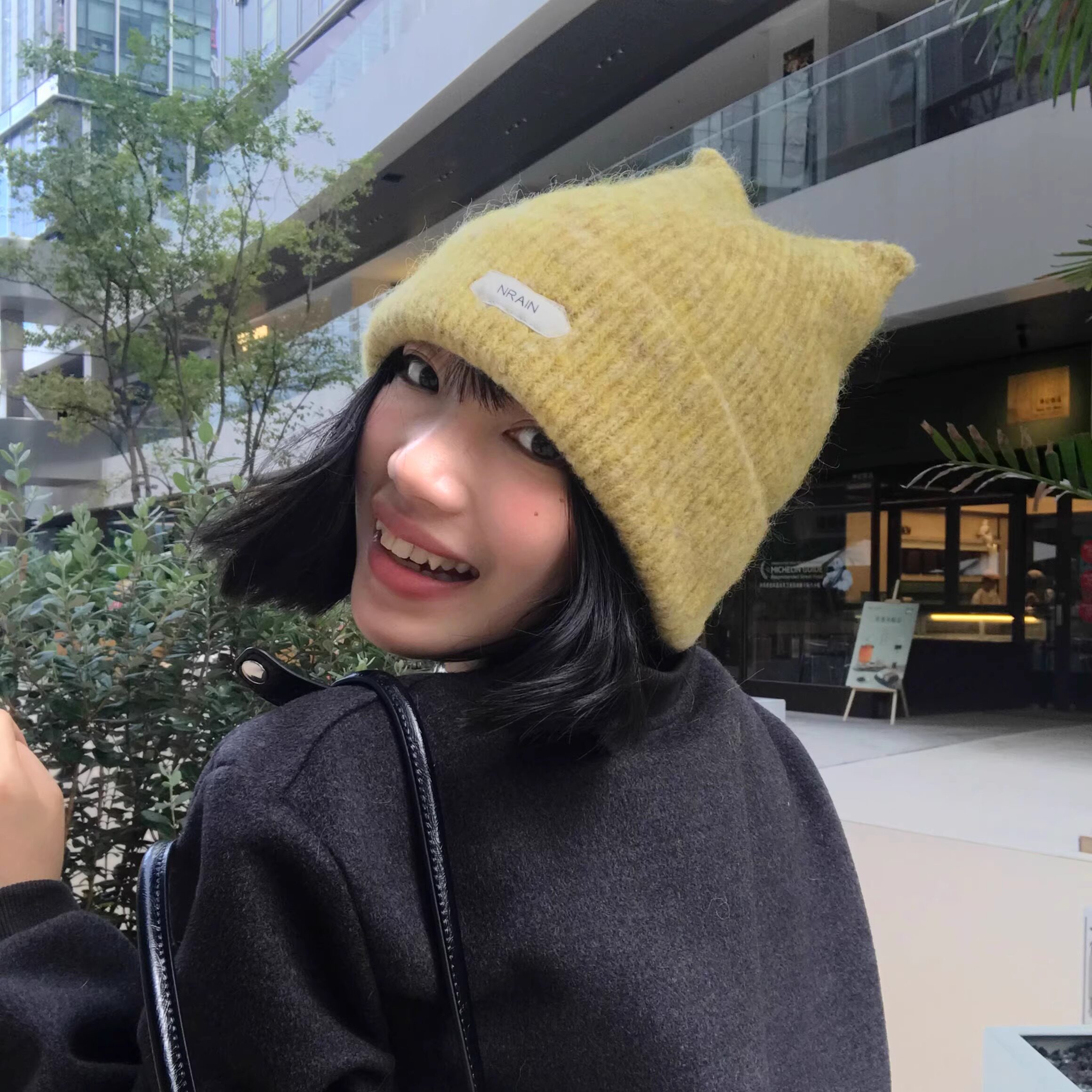 可爱猫耳朵针织帽女秋冬韩版显脸小保暖毛线帽大头围百搭黄色帽子