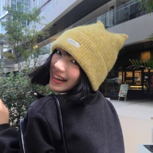 可爱猫耳朵针织帽女秋冬韩版显脸小保暖毛线帽大头围百搭黄色帽子